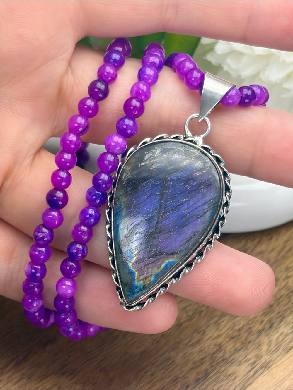 Purple Labradorite Pendant Necklace Boho Southwest Sterling Silver 925 Overlay - Picture 3 of 8